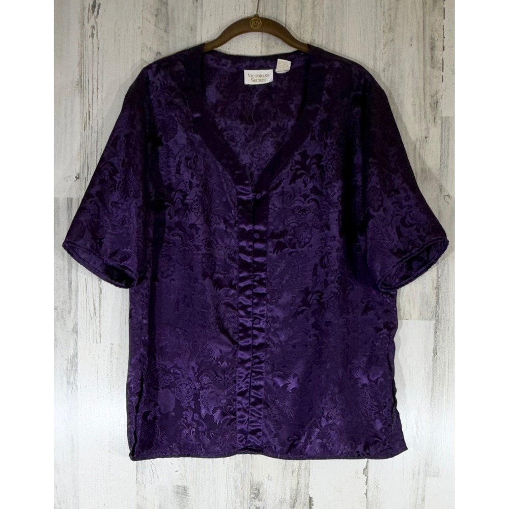 Victorias Secret Pajama Top Small Purple Satin Floral Button Front Vintage